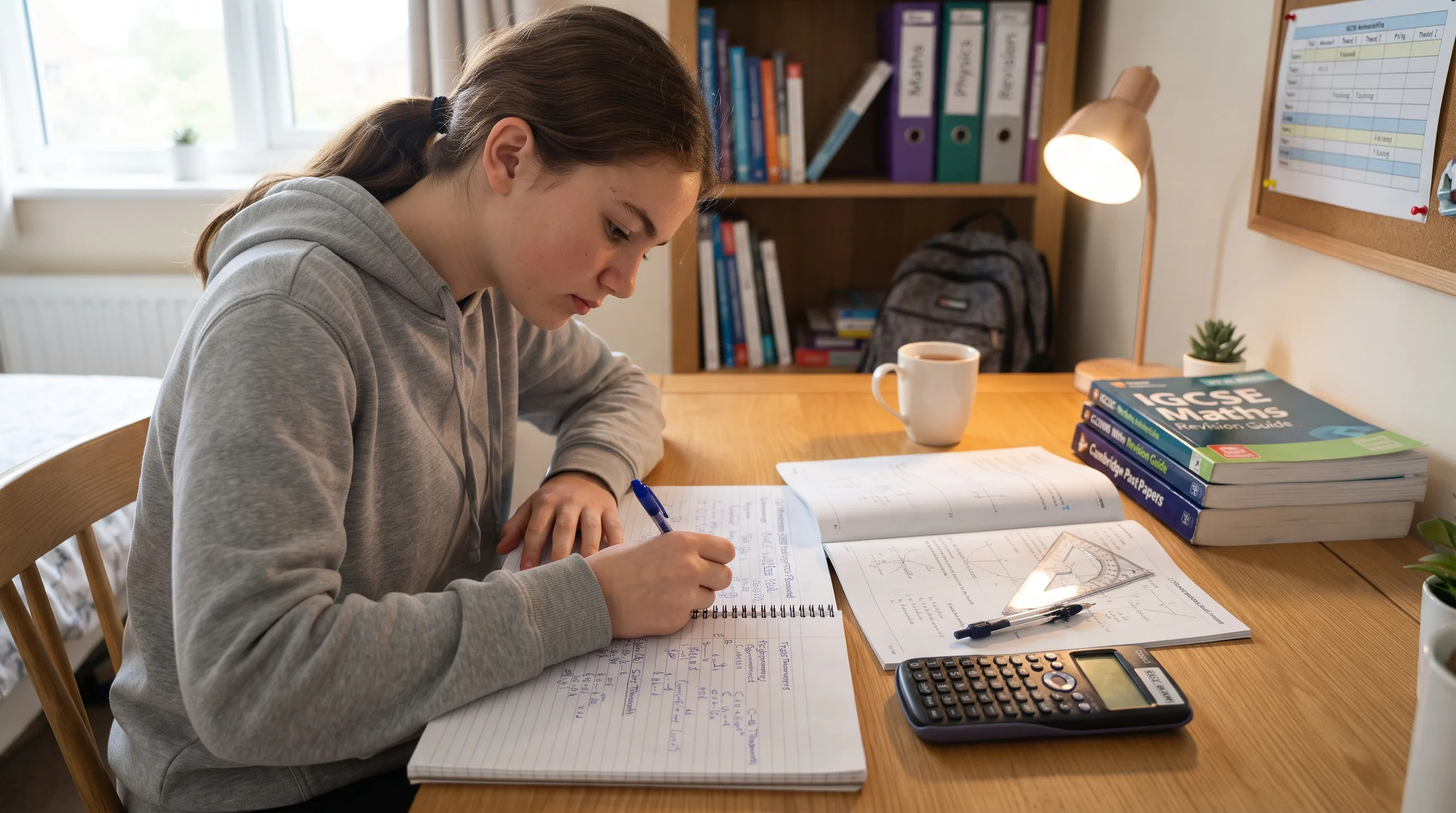 Blog Student practising IGCSE Maths past papers with a calculator and revision notes